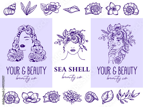 Marine logo. Girl with flowers and shells on her head. Seashells, flowers, sea plants. Boho style. Luxurious floral wreaths. Coral hair. For beauty centers, spa, fashion.