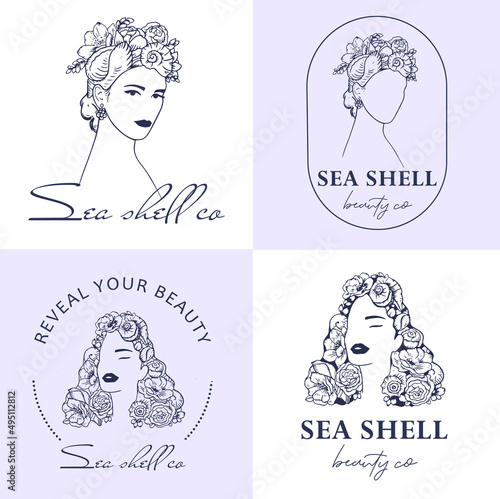 Vector Boho woman logo. Head with seashell, flowers, bonnet. Illustration in vintage style, for beauty center, fashion studio,  salon, and cosmetics.