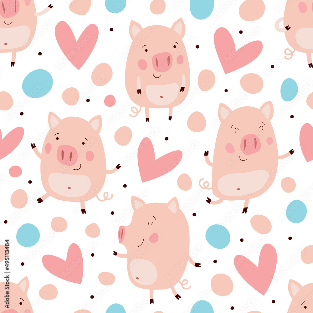 Seamless pattern with funny and cute pigs. Seamless pattern with funny and cute pigs.