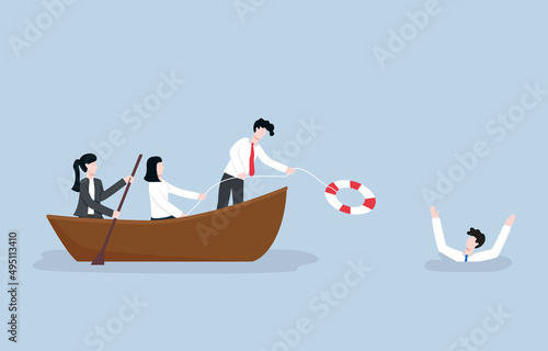 Assistance in business team, group, or workplace, helping colleague from working mistake to succeed together again concept. Employees row a boat and throw rubber ring to save drowning colleague. 