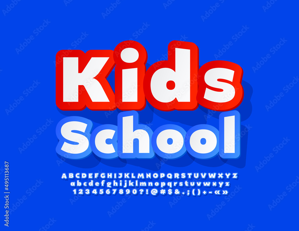 Vector educational template Kids School. Sticker style Font. Blue and White Alphabet Letters, Numbers and Symbols set
