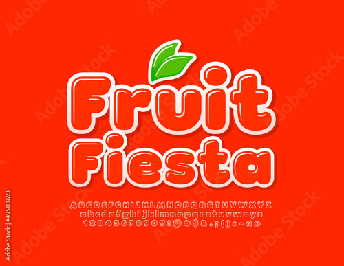 Vector bright poster Fruit Fiesta with decorative Leaves. Red glossy Font. Cute Alphabet Letters, Numbers  and Symbols set