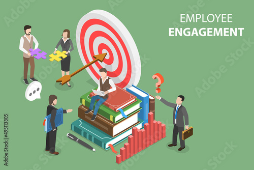 3D Isometric Flat Vector Conceptual Illustration of Employee Engagement, Work Motivation and Inspiration