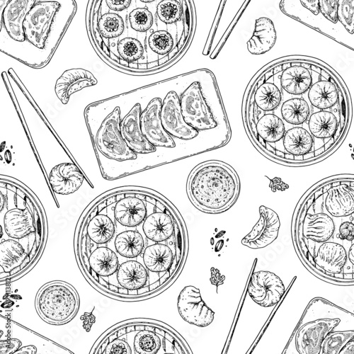 Dumplings seamless pattern. Hand drawn vector illustration. Food sketch background.