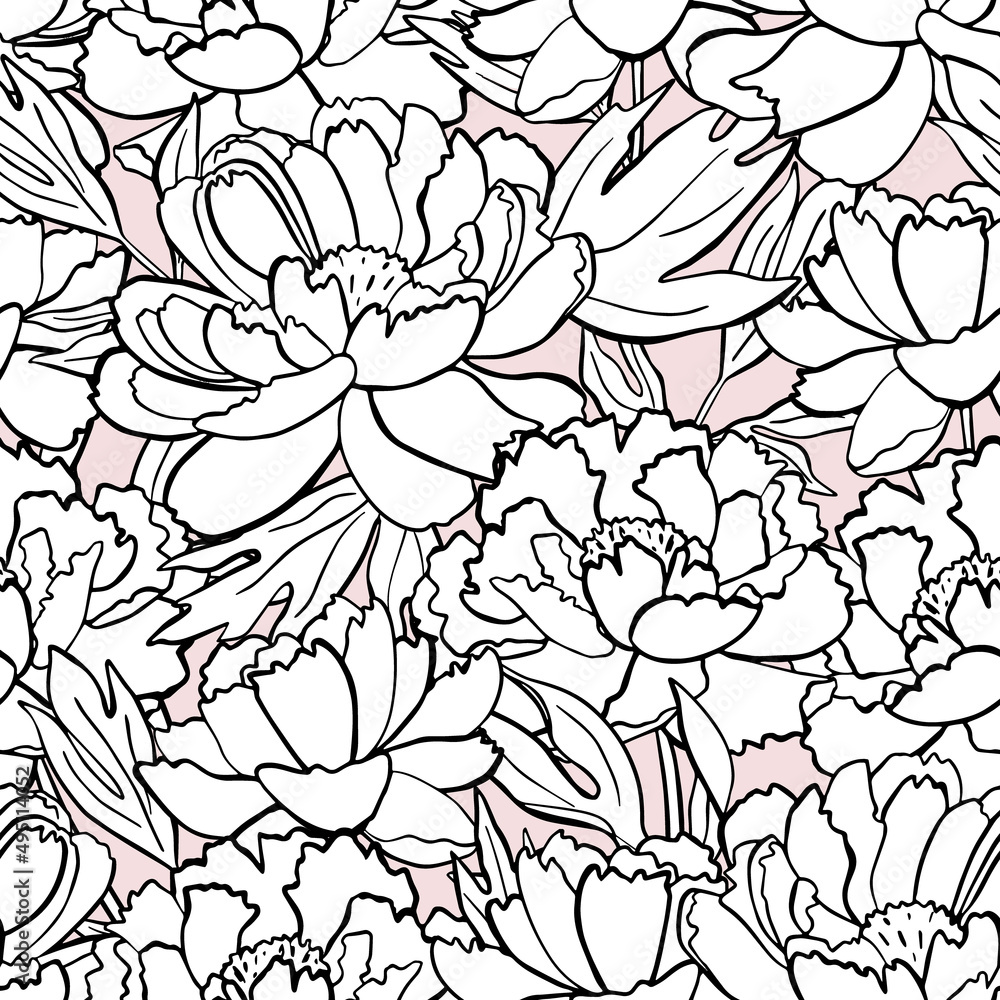 Seamless pattern with black outline of white peonies on pink background. Vector illustration for textiles and wedding design.