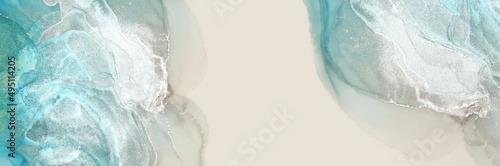 Abstract blue and pearl glitter watercolor alcohol ink horizontal long copy space background. Marble texture.