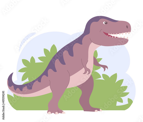 Tyrannosaurus rex on the background of wildlife. Predatory dinosaur hunter of the Jurassic period. Vector cartoon isolated illustration. White background
