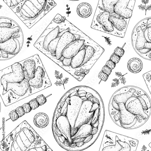 Chicken meat. Grilled and Fried chicken. Hand drawn sketch illustration. Grilled chicken meat seamless pattern. Vector illustration. Engraved design. Restaurant menu design template.