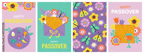 Passover holiday cute greeting card set. Childish print for Pesach cards, poster, banner and background