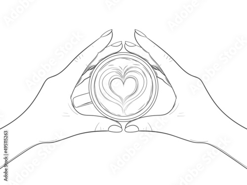 Cup of coffee and hands. Latte art - heart on foam. Vector illustration in sketch style