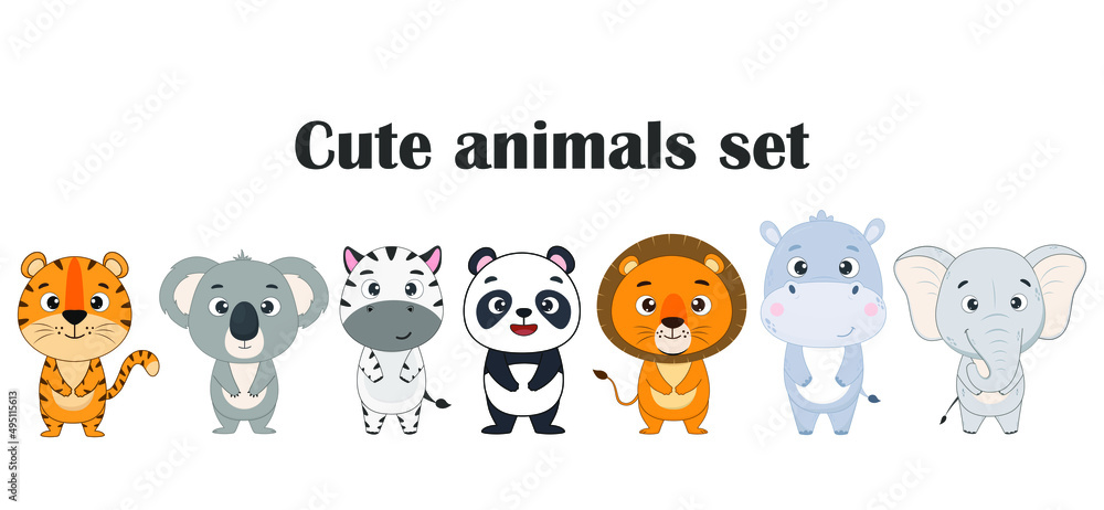 Set of cartoon cute animals. Tiger, koala, zebra, panda, lion, hippopotamus, elephant. Vector illustration for design and print