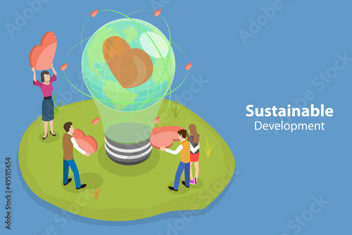 3D Isometric Flat Vector Conceptual Illustration of Sustainable Development, Ecological Improvement and Environmental Protection