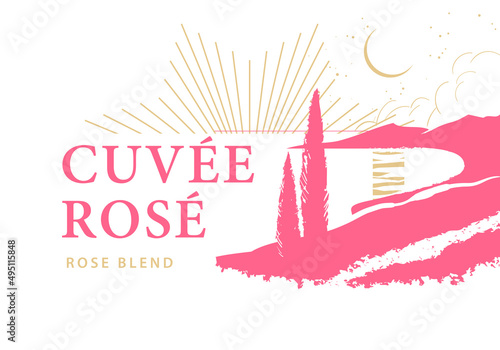 Wine label template with cypress trees by the sea