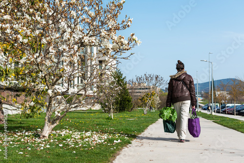 Woman after shopping at the vegetable market photo