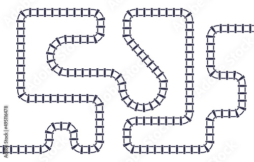 Curved railroad tracks isolated on white background. Transportation and railway concept. 