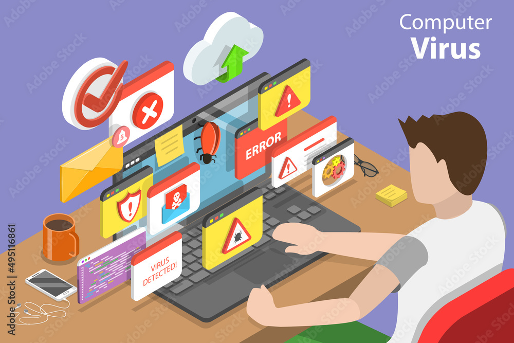 3D Isometric Flat Vector Conceptual Illustration of Computer Virus, Ransomware Cyber Attack