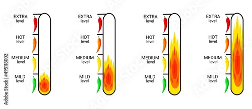 Spicy level scale in form of thermometers with fire