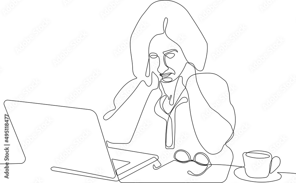 One continuous line is the concept. Vector illustration. Continuous line drawing of focused young woman using laptop typing on keyboard writing email or message for your design minimal One continuous line is the concept. Vector illustration. Continuous line drawing of focused young woman using laptop typing on keyboard writing email or message for your design minimal