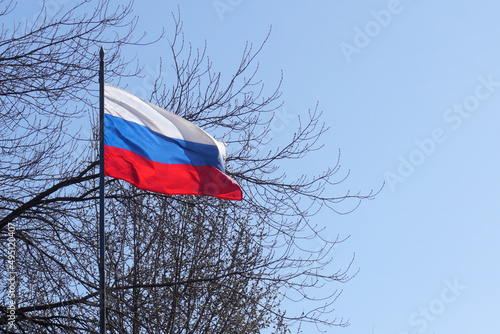 The flag of the Russian Federation fluttering in the wind against the background of tree branches and a blue sky. photo
