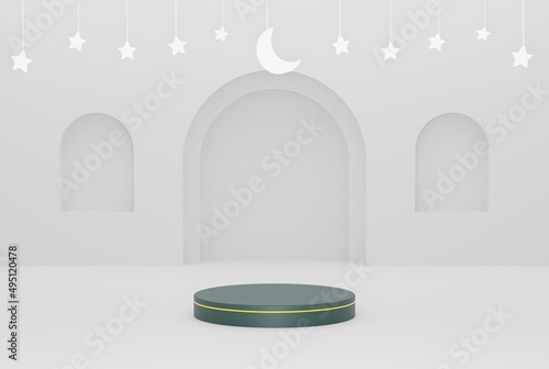 3d podium in ramadan white ornament islamic background with stars and crescent white color 3d illustration rendering for flyer design  banner  poster and etc