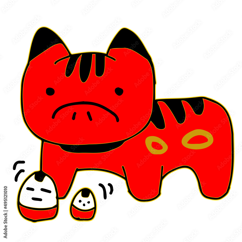 Fototapeta premium 会津の民芸品のイラスト(赤ベコ、起き上がり小法師)