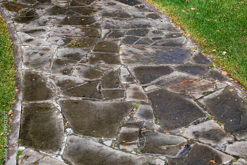 a stone garden path made of rock of different shapes paved into a wet path after rain near by a green grass, a close-up of the park stone trail.