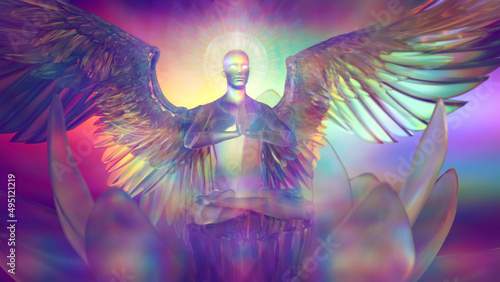 3d illustration of a translucent angel sitting on a lotus