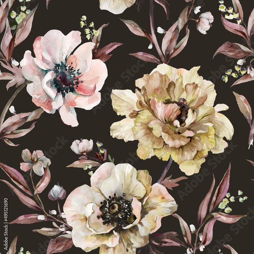 Beautiful peony, anemone flowers with leaves on background. Seamless floral pattern, border. Watercolor painting. Design for fabric, wallpaper, bed linen, greeting card design