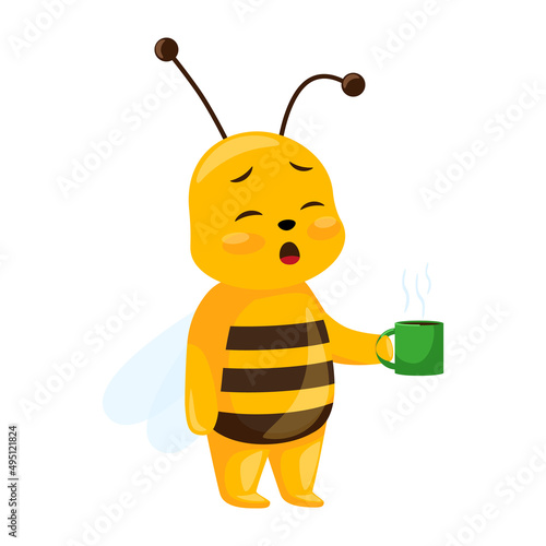 Cute bee yawning isolated on white background. Sleepy cartoon character drink coffee.