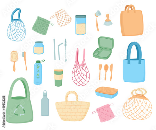 Reusable products. Cartoon zero waste package, food containers, water bottles and toothbrush. Vector set