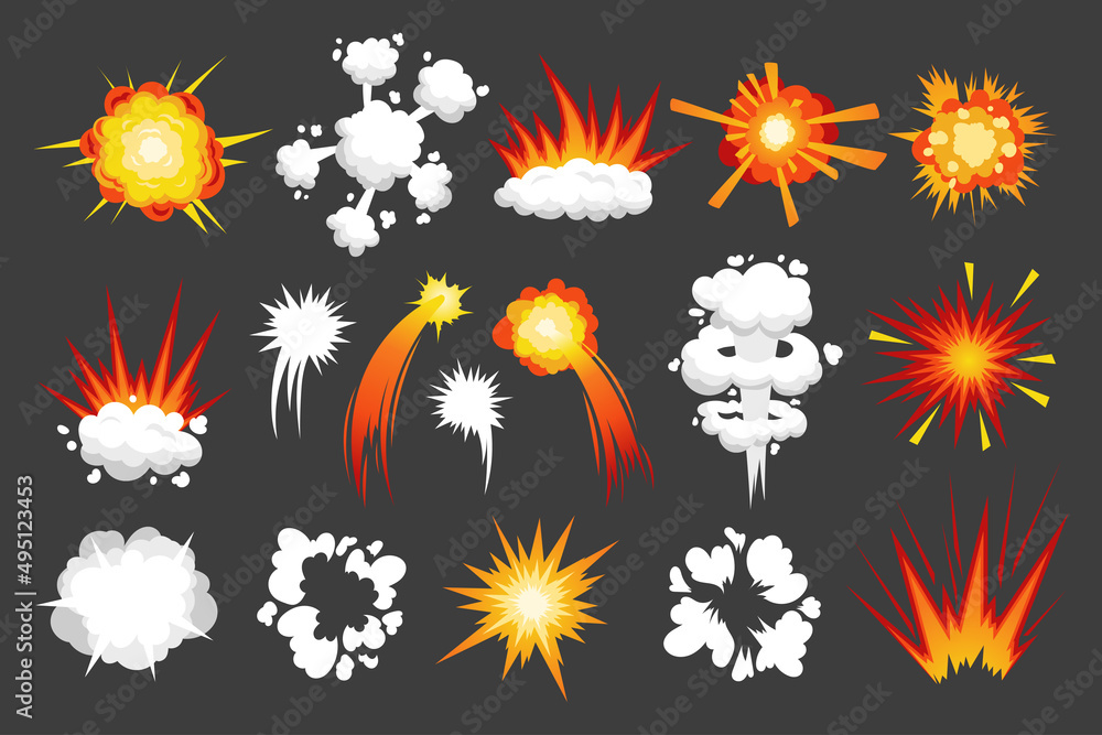 Cartoon strike effect. White hit impact and explosion comic effect. Vector sound wave and smoke isolated set