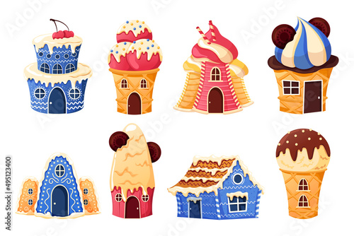 Cartoon house. Fantasy sweet colorful of candies and cookies. Vector gingerbread and cake house set