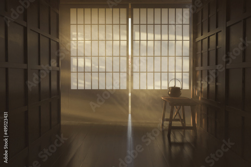 3d rendering of japanese wooden corridor with shoji sliding doors in the evening sunlight