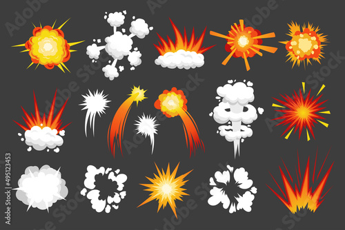 Cartoon strike effect. White hit impact and explosion comic effect. Vector sound wave and smoke isolated set