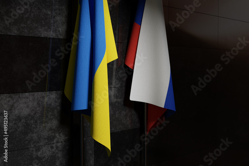 Ukrainian and Russian Flags in Front of a Black Marble Wall. Soft light. Realistic 3D Render, Detailed Texture. Diplomacy, Borders, Global Trade, Meeting Concept. Horizontal Background. 