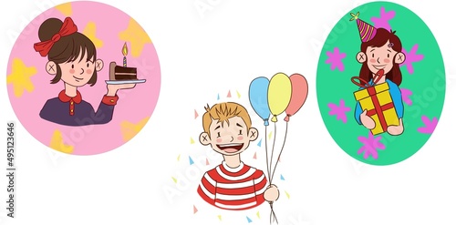 Characters, children celebrating a birthday. Young girl giving a gift, balloon, joyful moment