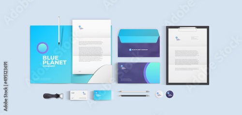 Stationery design realistic mockup. Blue and violet identity style. Modern bright colorful branding elements: business card, A4 letter, envelope and folder. Round minimalistic logo sign with bold text