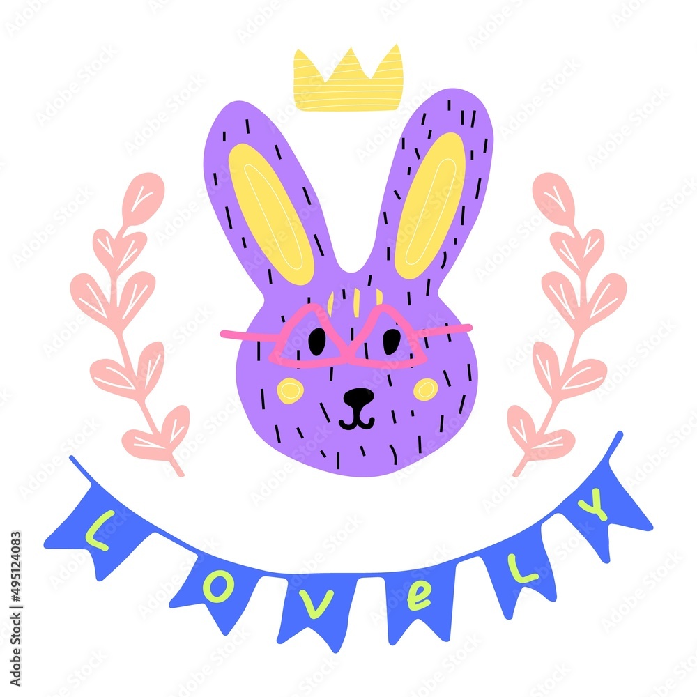 Fototapeta premium Bunny on a white background in glasses with a crown in a hand-drawn style