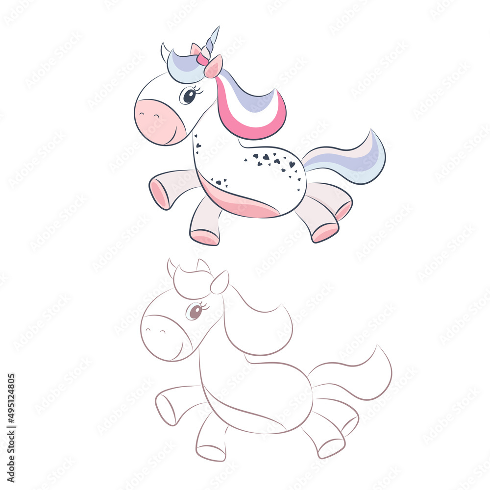 Vector hand drawn illustration of flying unicorn horse with rainbow hair isolated on white background