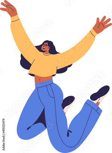 Happy Energetic Young Woman in Free Pose Cartoon Illustration