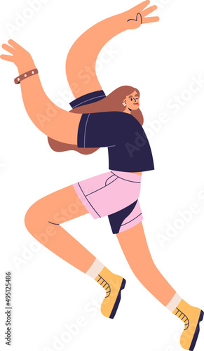 Happy Energetic Girl Dancing in Free Pose Cartoon Illustration