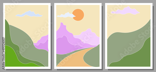 Set of three Abstract Aesthetic modern landscape Contemporary boho poster cover template. Minimal and natural Illustrations for art print, postcard, wallpaper, wall art.