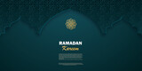 Eid Mubarak Islamic Arabic green arch pattern background with geometric ornament. Template for poster, postcard, invitation. Vector