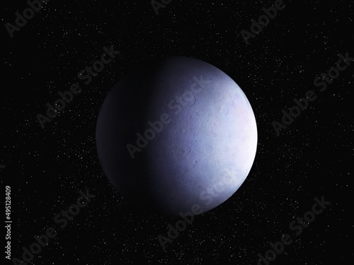 Stone planet with a solid surface on a black background with stars. Large secondary planet covered with ice.