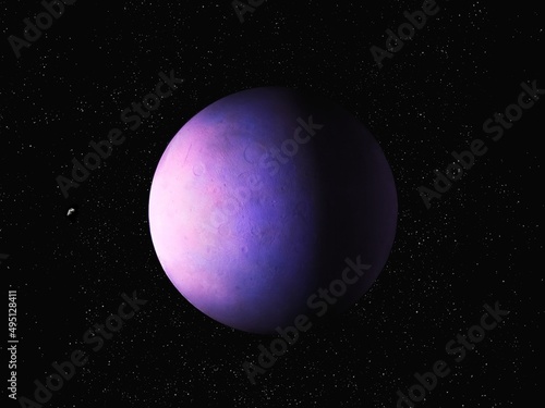 Fantastic exoplanet, sci-fi background. Planet with atmosphere and solid surface in space. Alien planet in purple tones.