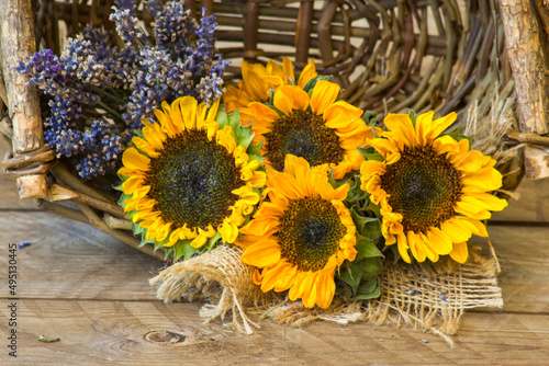 sunflowers and lavender in a basket