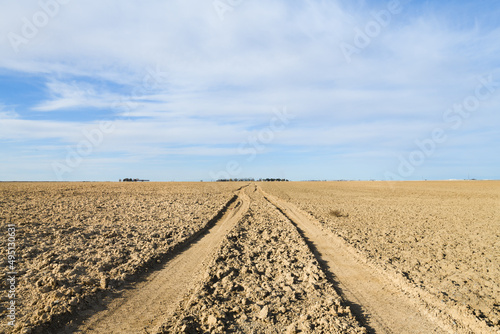 Ploughed field with tire tracks leading into the distance of the fertile farmalnd of Eastern Washington State