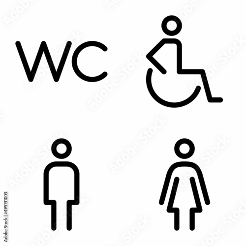Toilet line icon set. WC sign. Men,women and handicap signs. Restroom for male, female, disabled. Editable stroke. Vector graphics