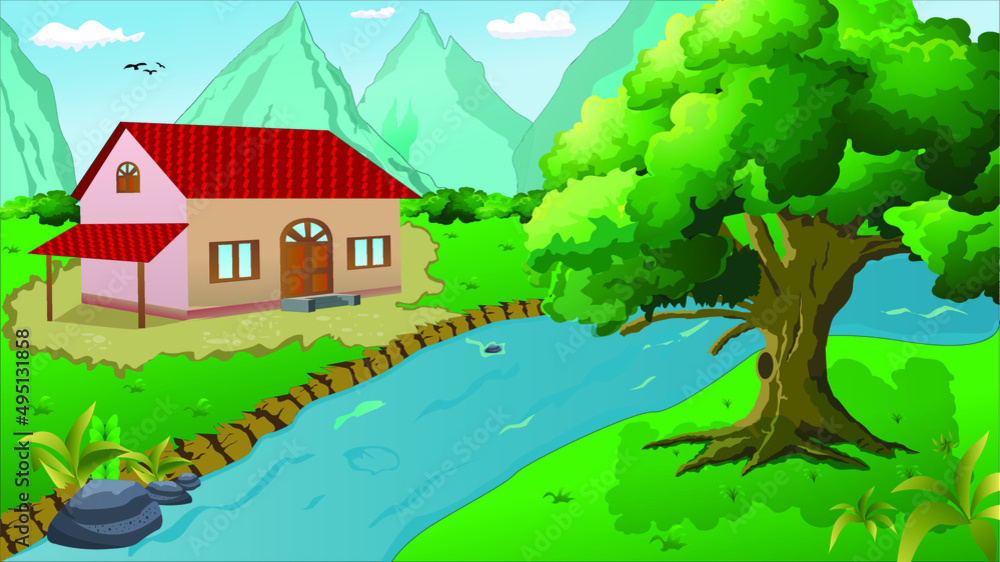 House in the forest.  Cottage among trees with lake and mountains. Cartoon vector illustration.