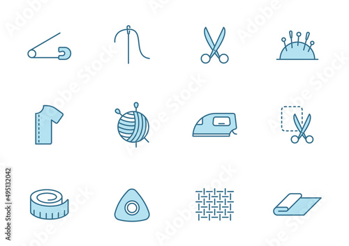 sewing line filled vector icons in two colors isolated on white background. sewing blue icon set for web design, ui, mobile apps, print polygraphy and promo business